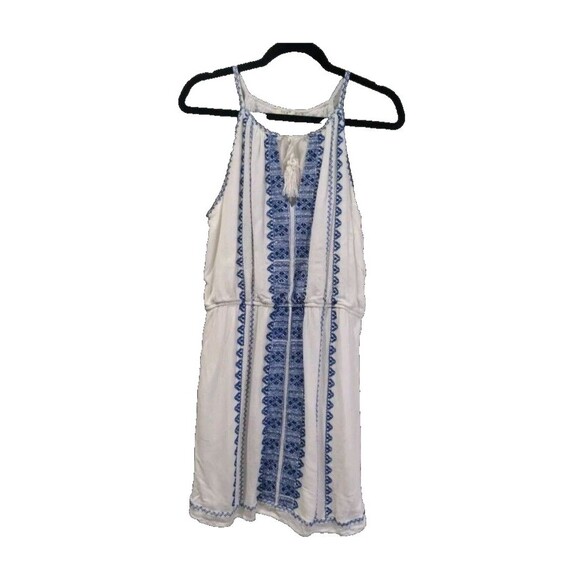 Dex Womens Embroidered Mini Sundress Size Large White Blue Boho Tassel Summer - Picture 1 of 10